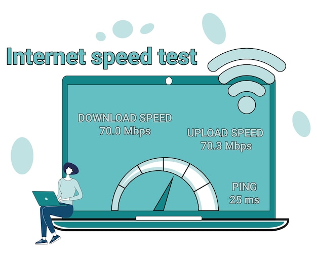 Vetor teste de velocidade da internetuma pessoa com um laptop no fundo do computador com teste de velocidade da internet