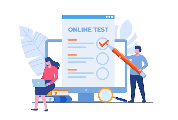 Teste online e verificando o conceito de respostas. Ilustração vetorial plana