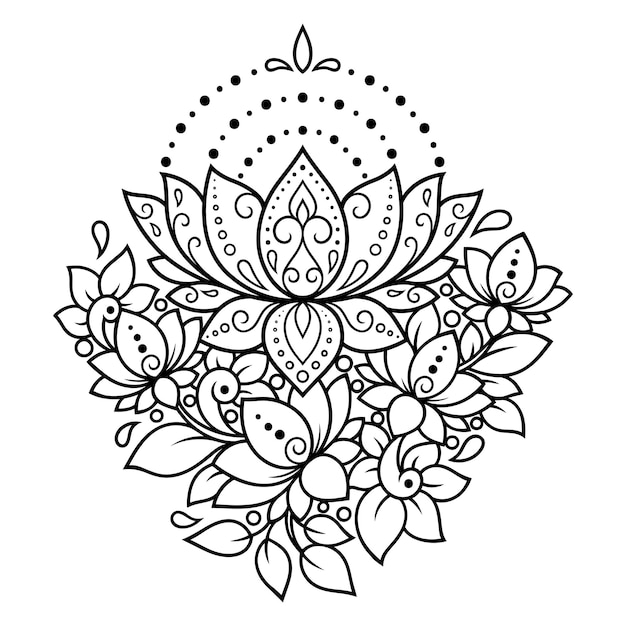 Teste padrão de flor Lotus mehndi para desenho e tatuagem de Henna. Decoração em estilo oriental e indiano. Ornamento do Doodle. Esboço mão desenhar ilustração vetorial.