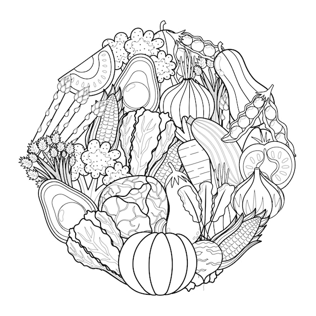 Teste padrão de formato de círculo de vegetais doodle para livro de colorir página para colorir de mandala de comida