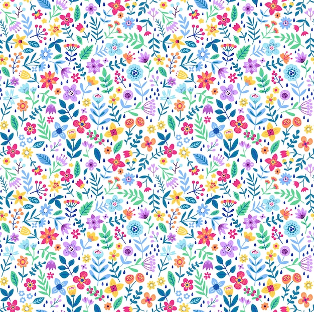 Vetor teste padrão floral fofo nas pequenas flores coloridas textura de vetor sem costura fundo branco ditsy