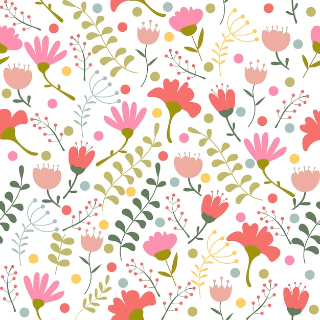 Teste padrão floral no estilo do doodle com flores e folhas.