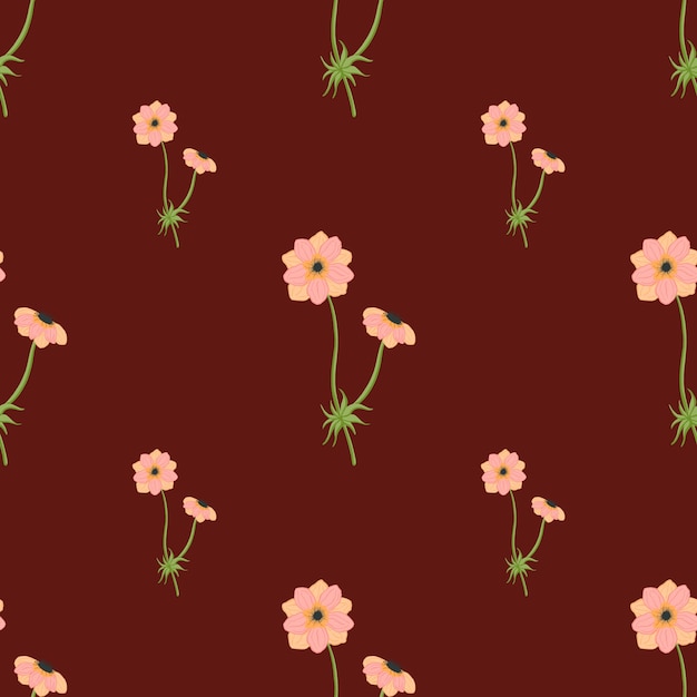 Teste padrão floral sem costura com ornamento de ramos de anêmona simples rosa. Fundo marrom escuro. Impressão minimalista. Ilustração das ações. Desenho vetorial para têxteis, tecidos, papel de embrulho, papéis de parede.