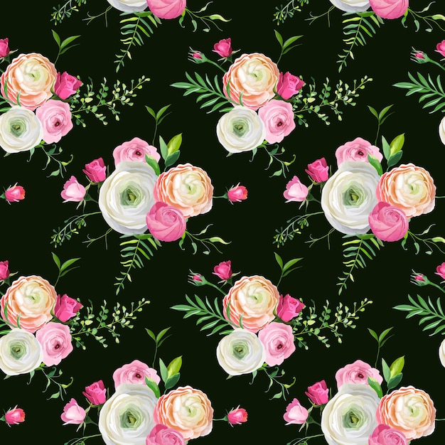 Teste padrão floral sem costura com rosas e flores de ranúnculo. fundo botânico para tecido, papel de parede e decoração. ilustração vetorial