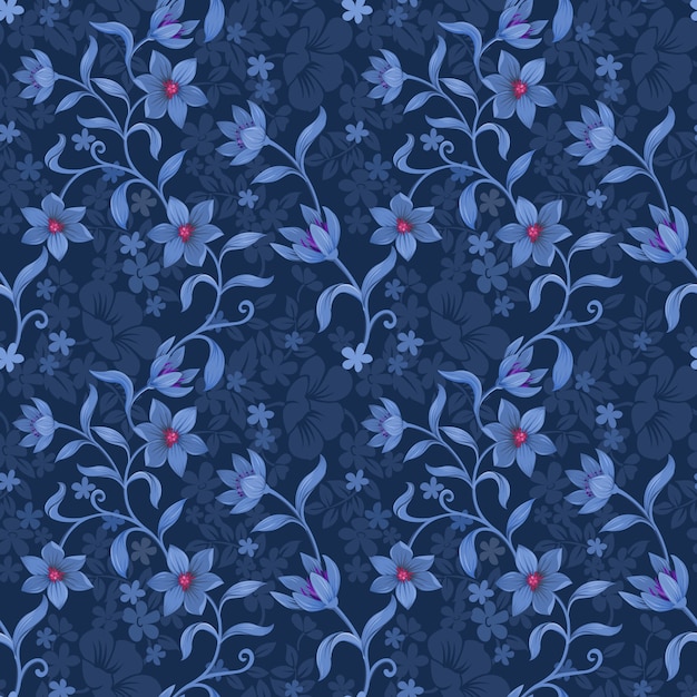 Teste padrão floral sem emenda no papel de parede monocromático azul de matéria têxtil da tela do fundo.