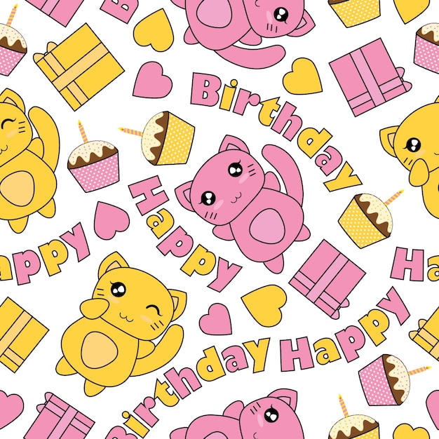 Teste padrão sem costura com gatos kawaii, bolo de aniversário e desenhos de vetores de presentes de caixa adequados para o design de papel de parede de aniversário, papel de sucata e roupas de tecido infantil