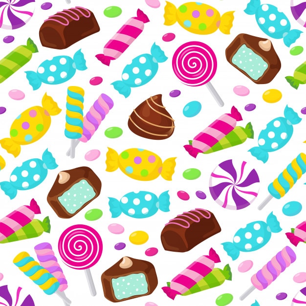 Teste padrão sem emenda do vetor dos doces do caramelo do pirulito. Fundo infinito de doces variados