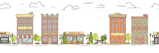 Teste padrão sem emenda horizontal da paisagem da cidade com casas, parque, café. ilustração vetorial linear.