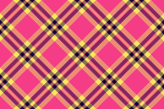 Vetor teto de tartan de textura vetorial sem costura com um padrão de fundo em quadros têxteis em cores rosa e amarela