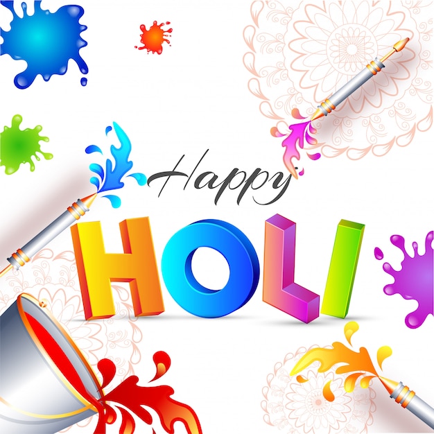 Texto 3D Holi com baldes e armas de cor na cor respingo backgro