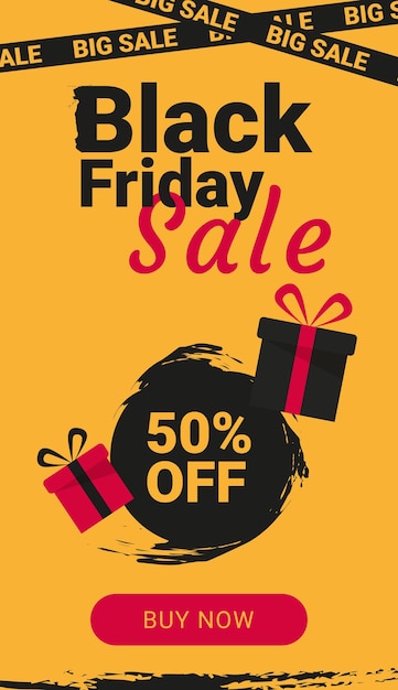 Texto black friday big sale 50 off banner vertical em fundo amarelo com botão comprar agora e imagens de presentes