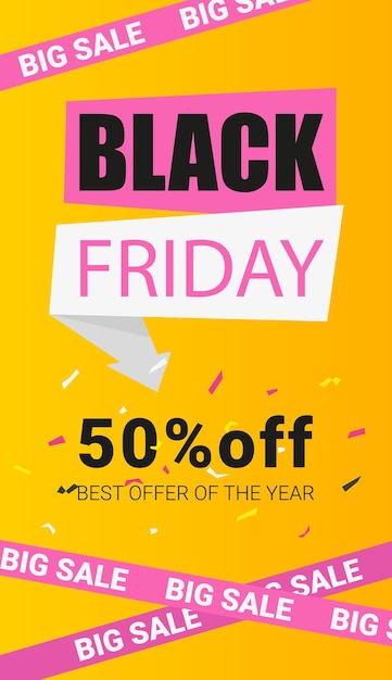 Texto black friday big sale e 50 off vertical web banner com design brilhante nas cores amarela e rosa