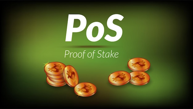 Texto branco PoS Proof of Stake com pilhas isométricas de moedas bitcoin BTC com sombras no fundo verde escuro Banner para notícias ou artigos Vetor