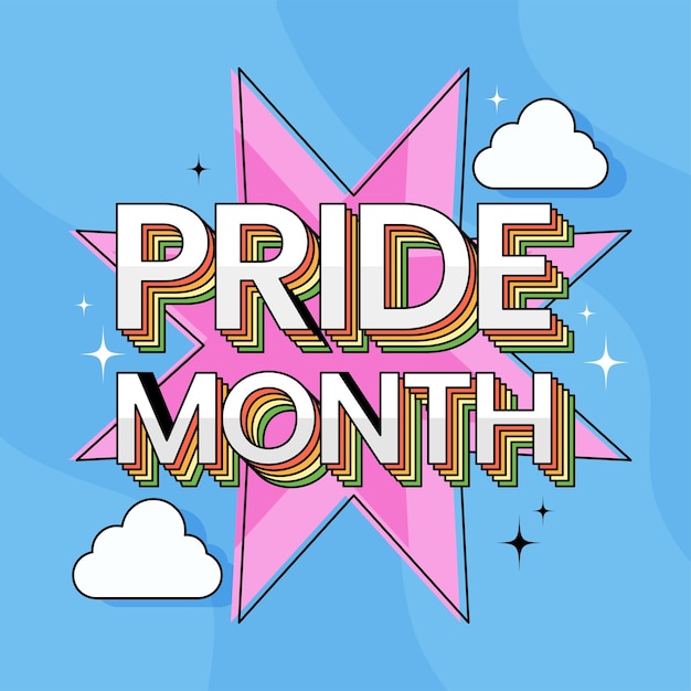 Vetor texto colorido do mês do orgulho estilo camada com nuvens e forma de estrela rosa sobre fundo azul