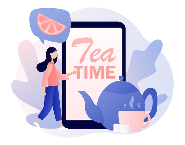 Texto da hora do chá na tela do smartphone Festa de bebidas quentes online Pessoas minúsculas bebendo chá Xícara de chaleira