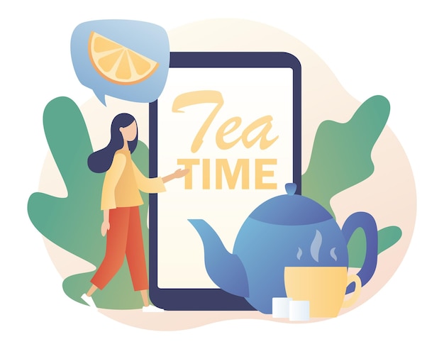 Texto da hora do chá na tela do smartphone Pessoas minúsculas bebendo chá Festa de bebidas quentes on-line Copo de chaleira
