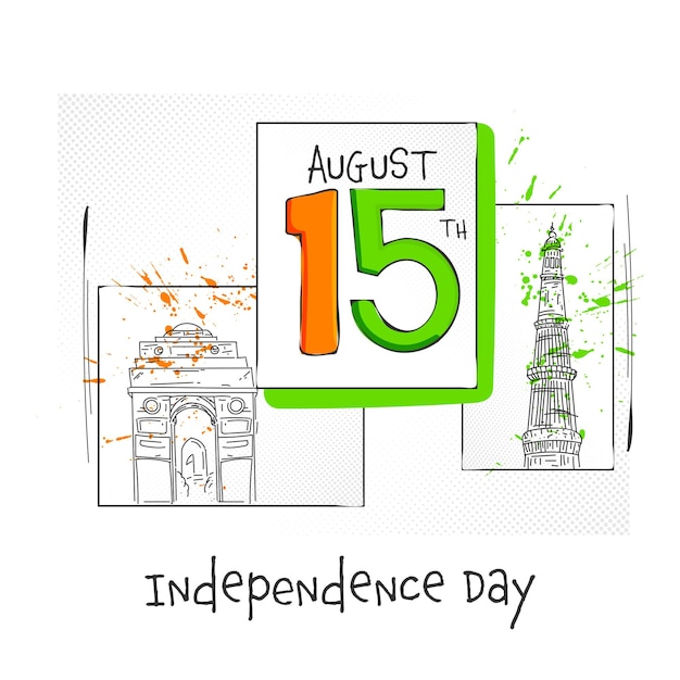Texto de 15 de agosto com desenho famoso monumento em fundo branco para o conceito do dia da independência.