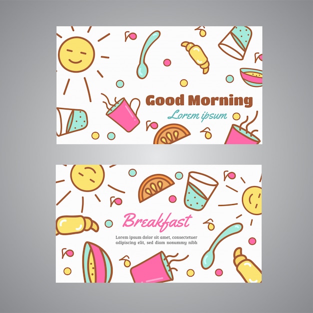 Vetor texto de bom dia. slogan do café da manhã. café, cartão de visita de conceito de padaria. desenho vetorial de café e chá