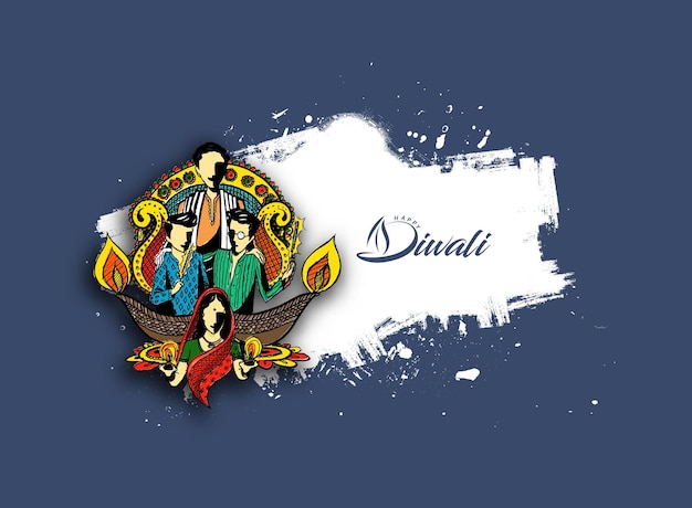 Texto de diwali feliz com fundo criativo de família feliz para o festival de diwali.