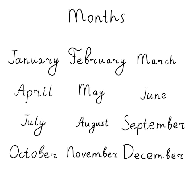 Texto de doodle desenhado à mão bonito dos meses do ano isolado no fundo branco. letras