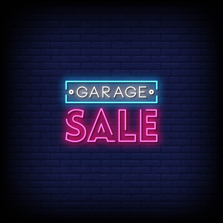 Vetor texto de estilo de letreiros de néon de venda de garagem