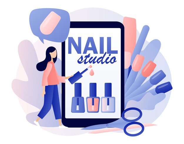 Texto de estúdio de unhas na tela do smartphone Serviço de manicure Conceito de salão de beleza Mestre de manicure