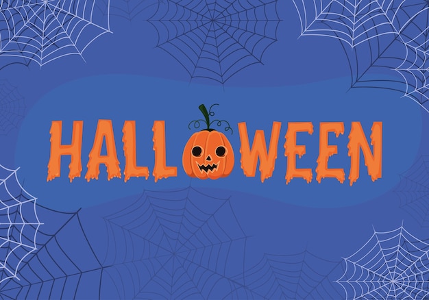 Texto de halloween com desenho de abóbora e desenho de teias de aranha, feriado e tema assustador