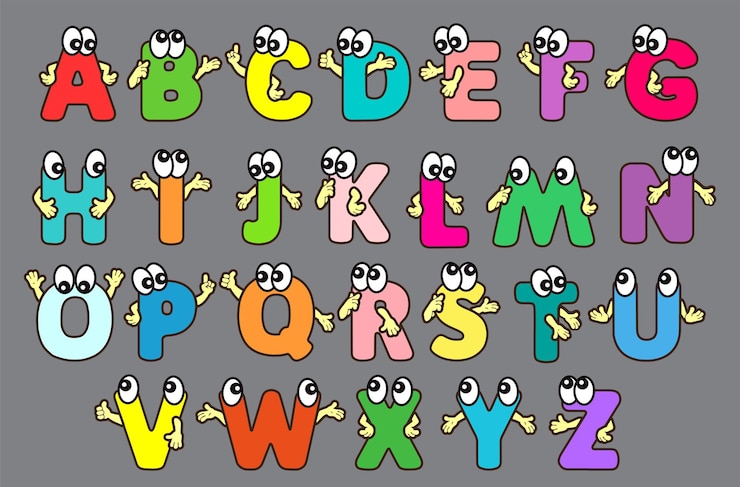 Vetor texto de letras do alfabeto de personagem engraçado. letra maiúscula abc contorno preto em inglês