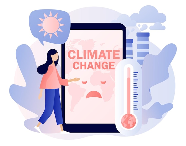 Texto de mudança climática na tela do smartphone conceito de aquecimento global pessoas minúsculas tentando salvar o planeta