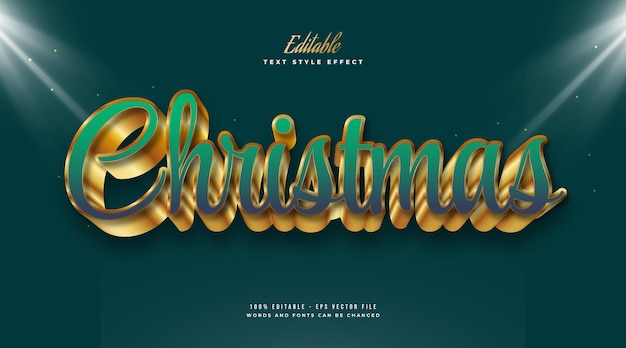 Texto de Natal em estilo luxuoso verde e dourado com efeito 3D em relevo. Efeito de estilo de texto editável