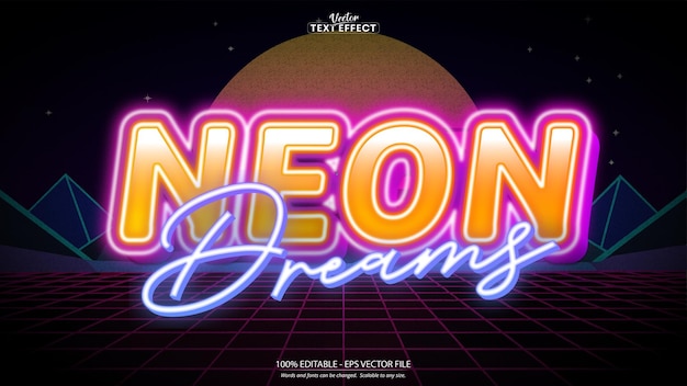 Vetor texto de neon dreams com gráficos retrofuturistas com linhas de grade do céu noturno e efeitos brilhantes