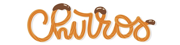 Vetor texto de rotulação de churros feito de palitos de churros com calda de chocolate vector plana ilustrações desenhadas à mão