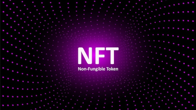 Texto de tokens não fungíveis NFT no centro da espiral de pontos brilhantes em fundo escuro Pague por colecionáveis exclusivos em jogos ou arte Para banner ou notícias Ilustração vetorial