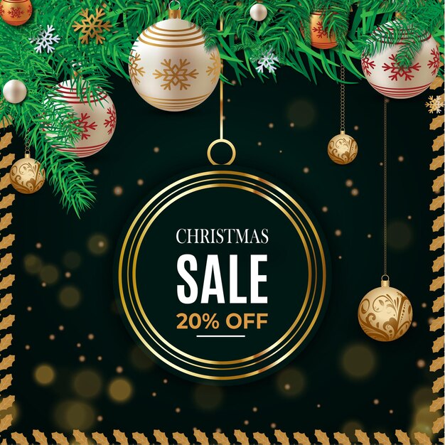 Texto de venda de Natal para promoção com um modelo de plano de fundo de folhas e decorações de Natal