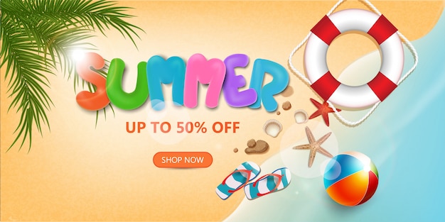 Texto de venda de verão e promoção de elementos de férias de praia compras, verão promo web banner modelo fundo estilo 3D