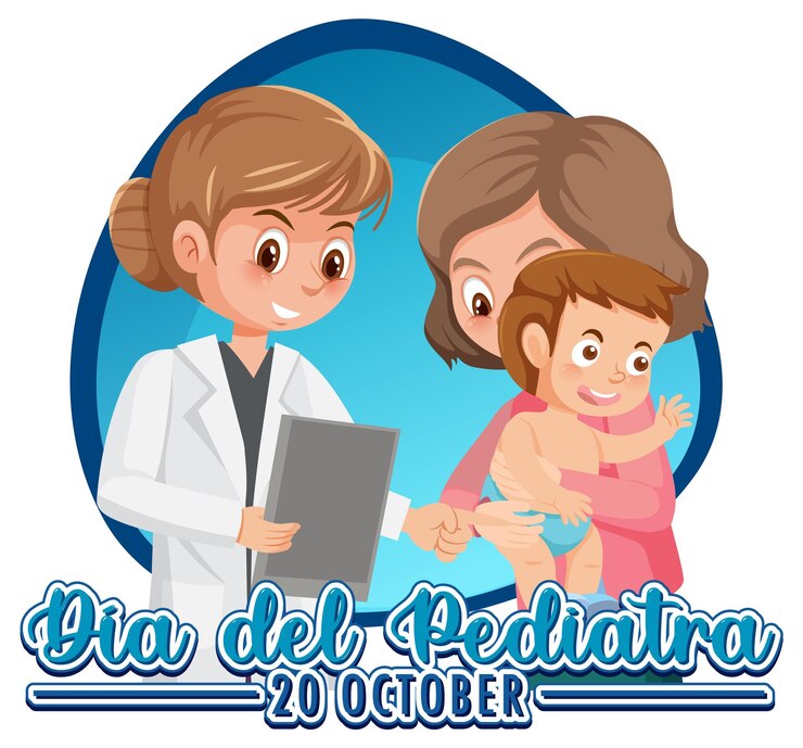 Vetor texto dia del pediatra com personagem de desenho animado