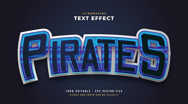 Texto do blue pirates no estilo e-sport com efeito curvo. efeito de estilo de texto editável