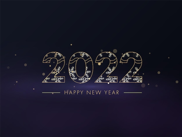 Texto dourado 2022 feliz ano novo com flocos de neve em fundo azul.