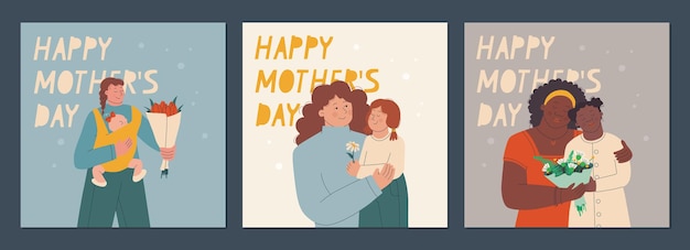 Texto feliz dia das mães filha parabeniza sua mãe e lhe dá flores conjunto de cartões postais para o dia das mães ilustração vetorial para design