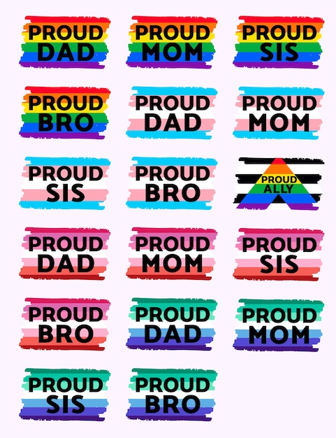 Vetor texto orgulhoso da mãe, pai, irmã, irmão, com bandeiras do orgulho lgbt, bandeira do orgulho lgbt