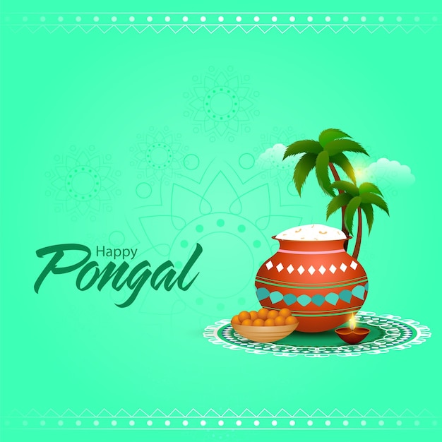 Texto pongal feliz com panela de lama de arroz e tigela de doce (laddu)