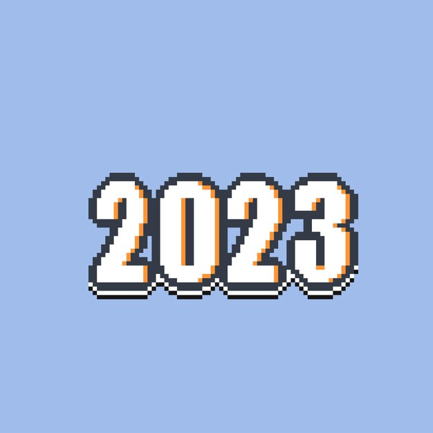 Texto preto e branco do ano 2023 em estilo pixel art