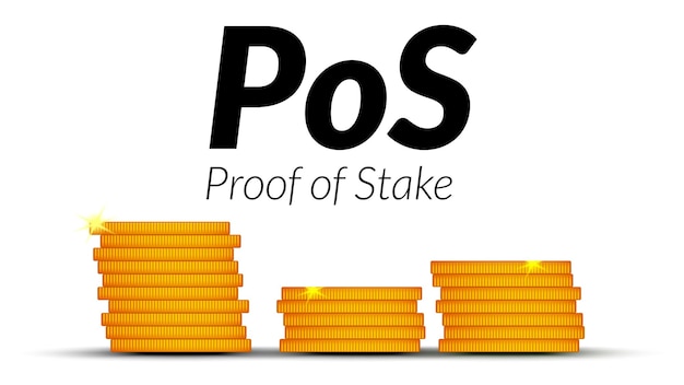 Texto preto PoS Proof of Stake com pilhas de moedas com sombras isoladas em fundo branco Elemento de design