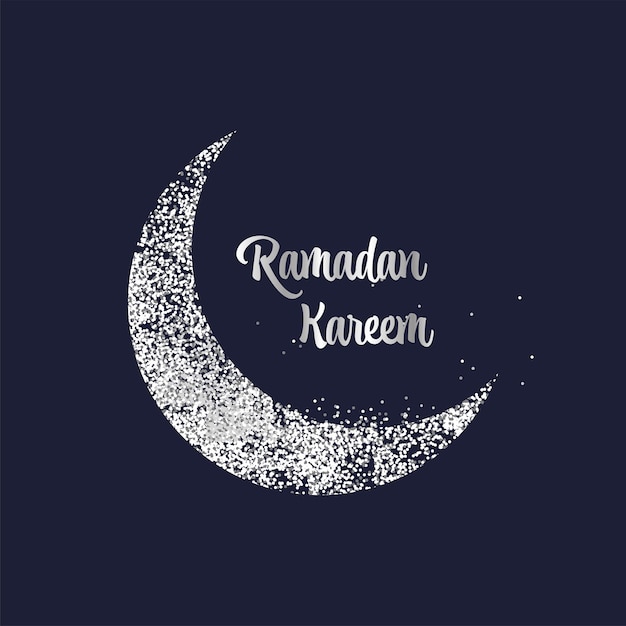 Texto ramadan kareem com brilho plano ou efeito de pontos lua crescente sobre fundo azul