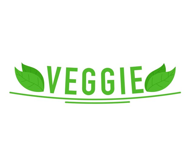 Vetor texto verde com a palavra veggie adornado por duas folhas alimentação saudável e vetor de alimentos orgânicos