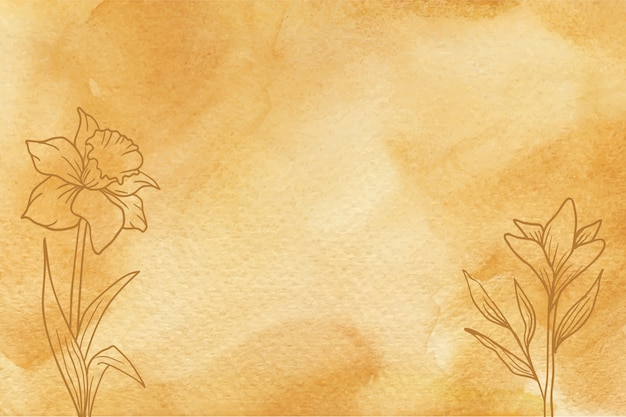 Textura aquarela amarela com fundo de flores desenhado à mão