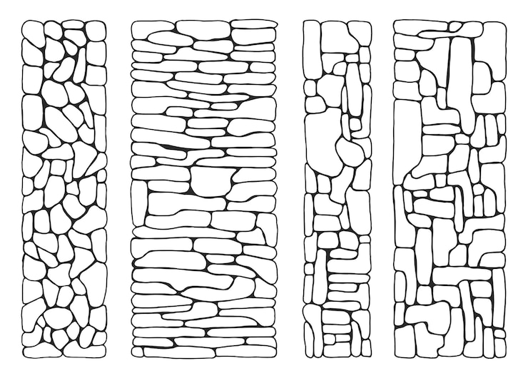 Vetor textura da parede de pedras do conjunto de tijolos vetor superfícies de pedra plana pavimentada desenho manual conjunto isolado