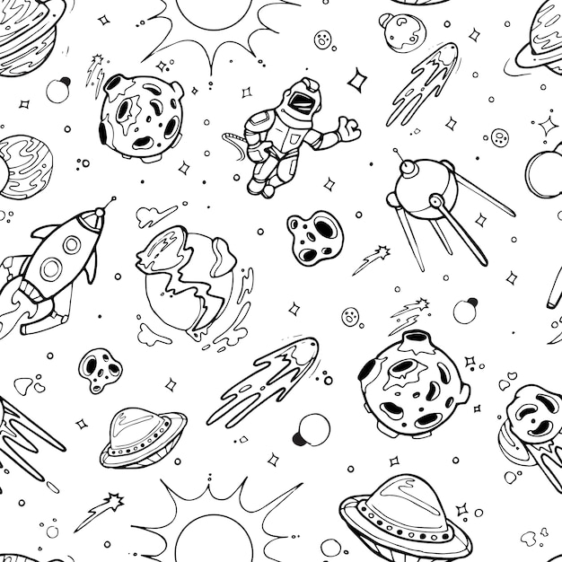 Textura do espaço com planetas, estrelas, naves espaciais. doodle sem costura padrão. nave espacial e cometa