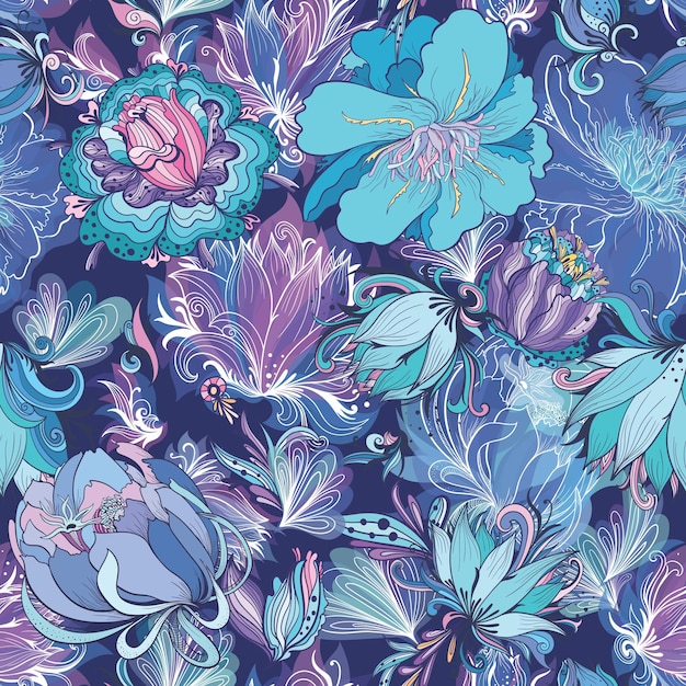 Textura floral sem costura com lírio, lótus e peônias em fundo azul escuro