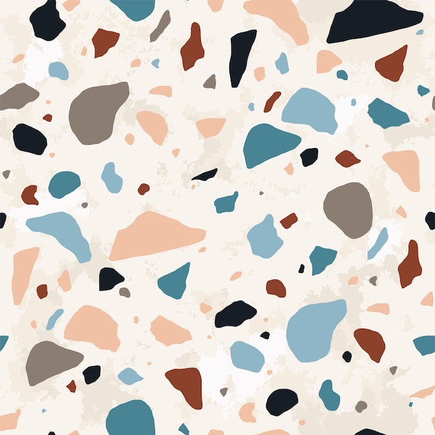 Textura geométrica de terrazzo. Abstrata sem costura padrão com granulado colorido espalhado sobre fundo claro. Ilustração vetorial criativa para pano de fundo, impressão têxtil, papel de embrulho, piso.
